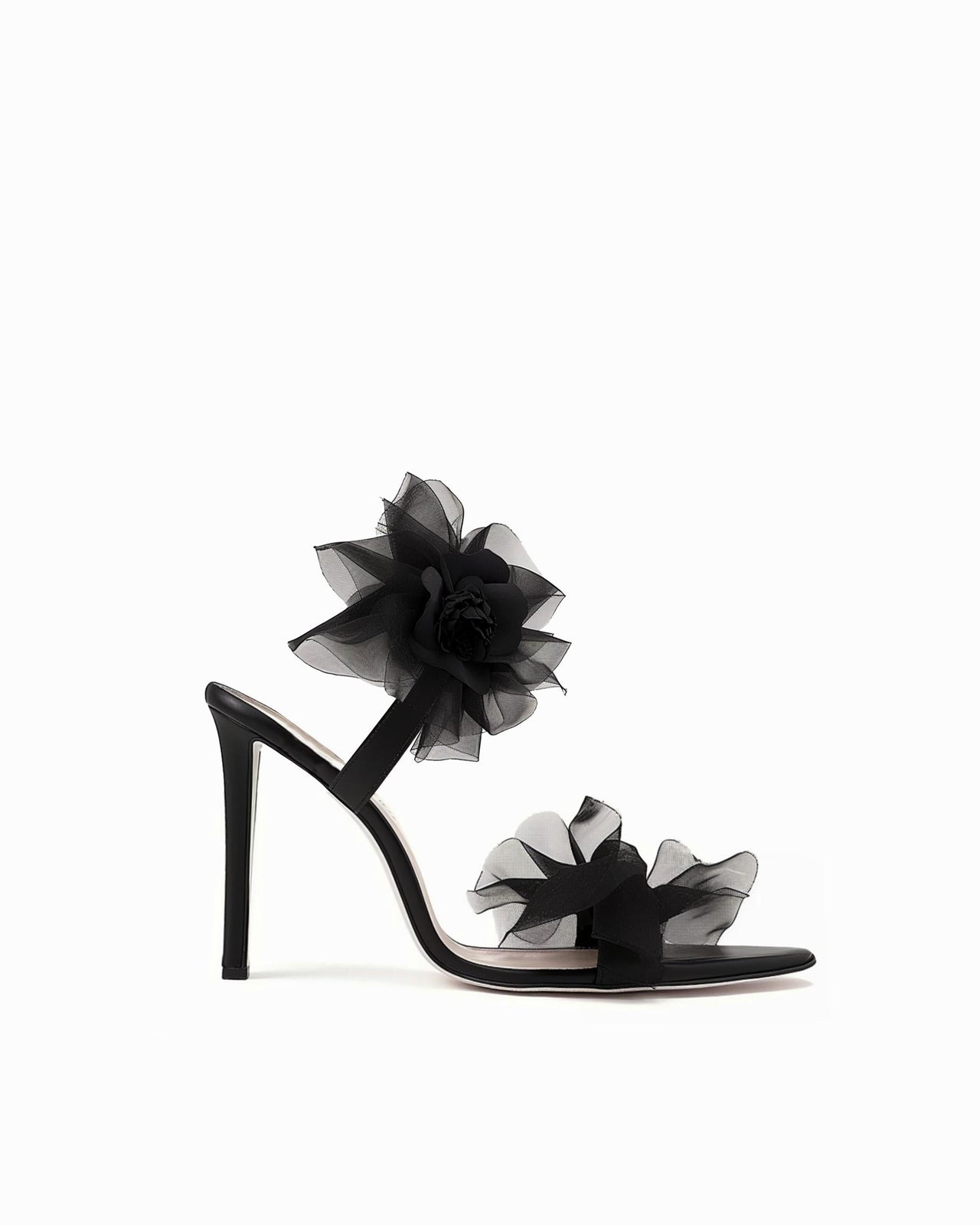 Mesh Floral Strappy Sandals -Black